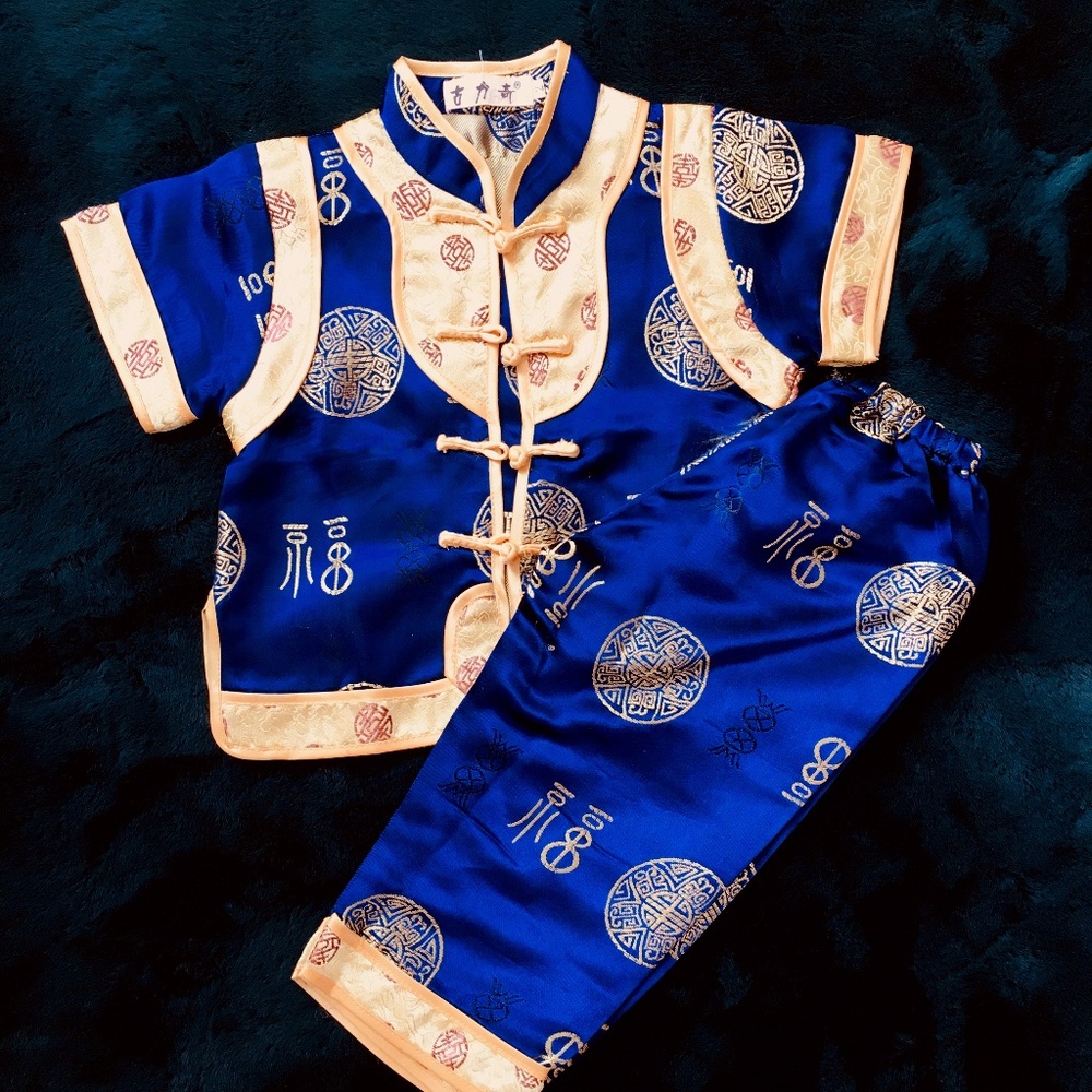 3T Vivid royal blue and gold satin outfit from Singapore
